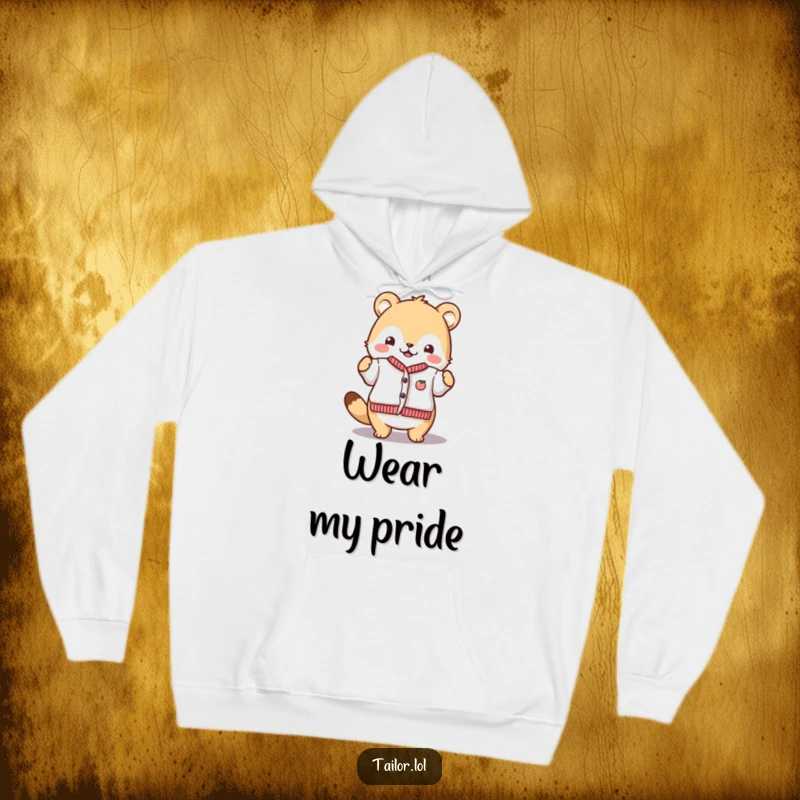 Funny Proud Crafter Hoodie: A cute animal character proudly displaying a finished tiny garment. Warm, comfortable, and inspiring for makers.