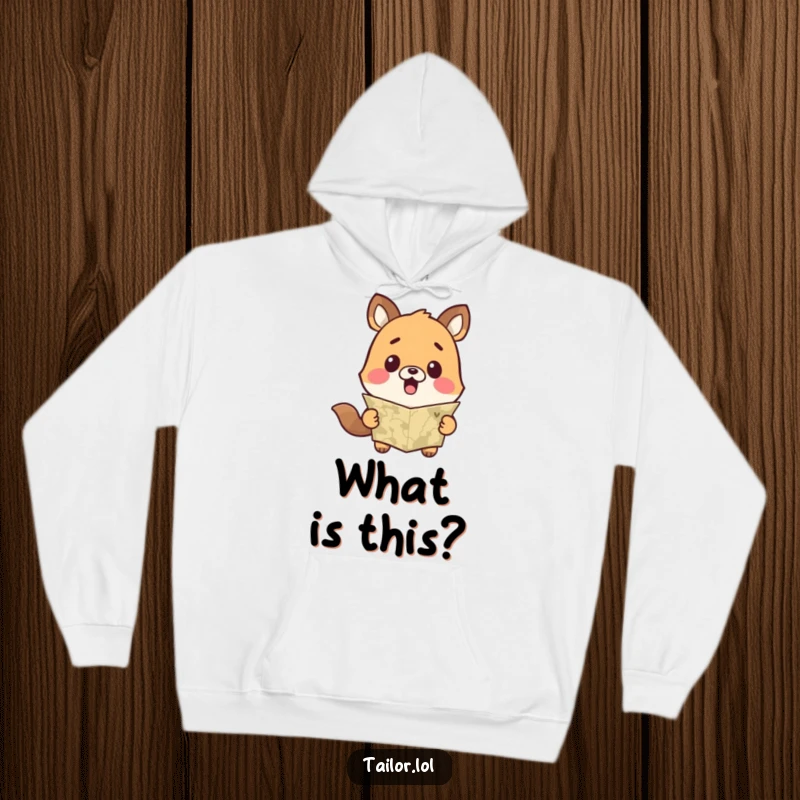 Funny Cute Animal Hoodie Showing Surprise at a Measuring Tape, Warm and Humorous Apparel.