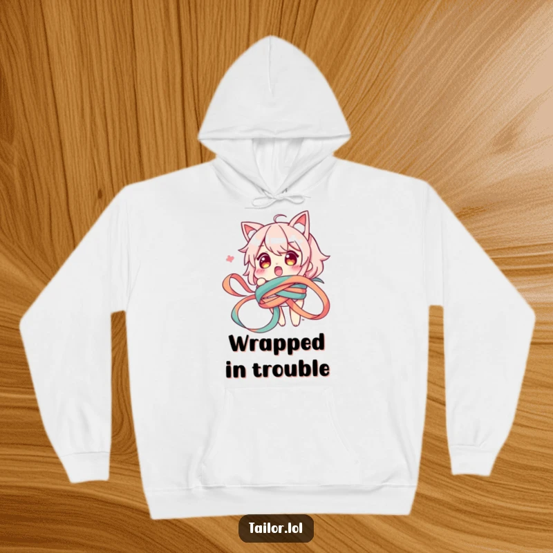 Funny hoodie featuring a surprised character hilariously caught in a long, winding ribbon, perfect for cozy, humorous relaxation.