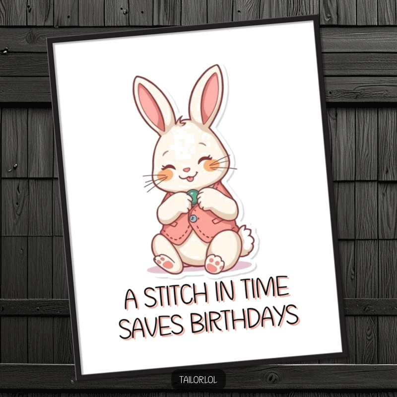 Funny free printable wall art: A cute bunny humorously sewing a button onto a tiny vest, adding charm to any room.