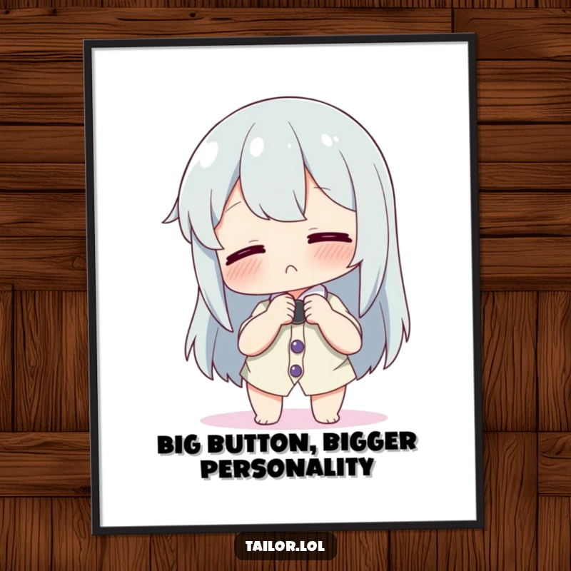 Funny Free Printable Big Button Wall Art, character adjusting comically large button, tiny shirt, humorous downloadable art.