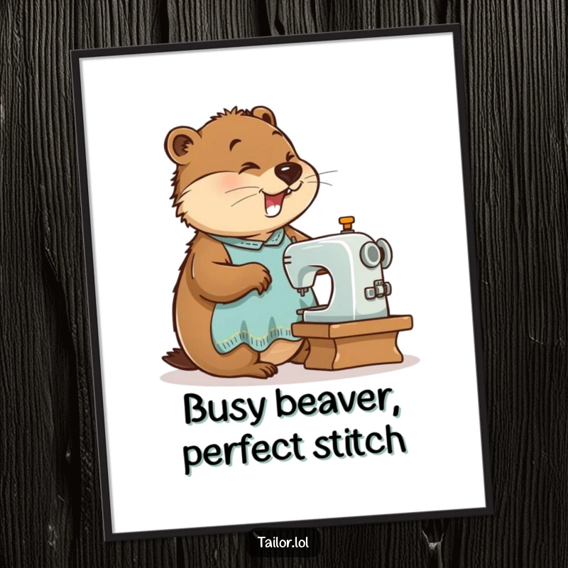 Funny Free Printable Wall Art displaying a busy beaver tailor operating a tiny sewing machine with great enthusiasm, a humorous piece.