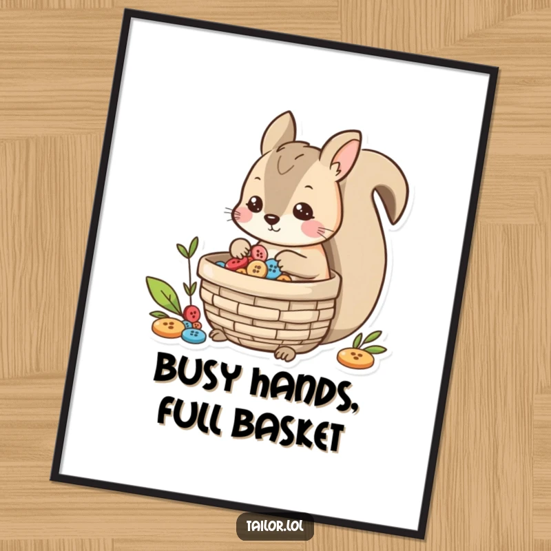 Funny Free Printable Squirrel Wall Art: A playful squirrel character collecting colorful buttons in a basket.