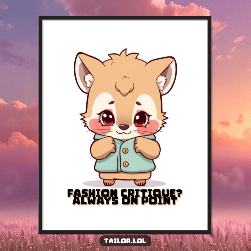 Funny Free Printable Wall Art: Curious animal character closely examining a garment with a critical, scrutinizing gaze, adding quirky charm for download.