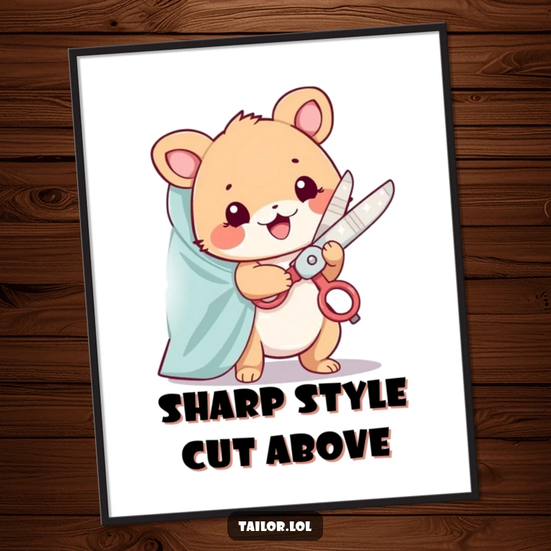 Funny Free Printable Animal Tailor Wall Art, cute animal, happily snipping fabric, oversized sparkling scissors, humorous downloadable art.