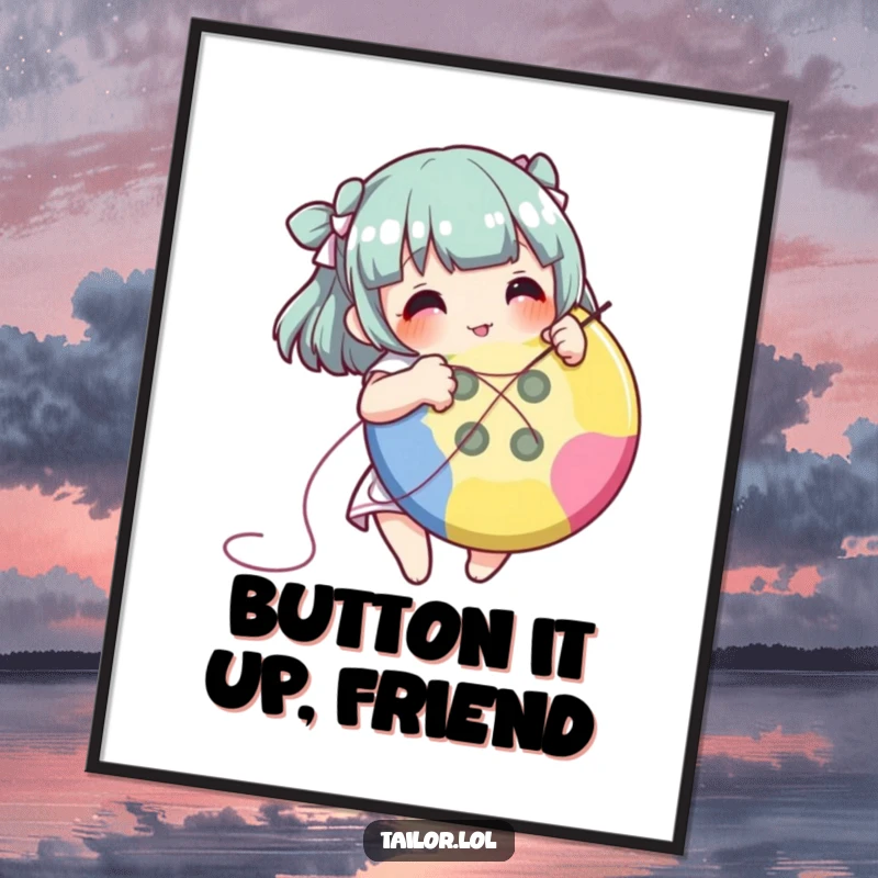 Funny Free Printable Wall Art: A character happily engaged in the meticulous act of stitching a large, vibrant button.