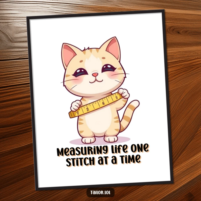 Funny Free Printable Cute Cat Wall Art, happily measuring fabric, perfect for crafters.