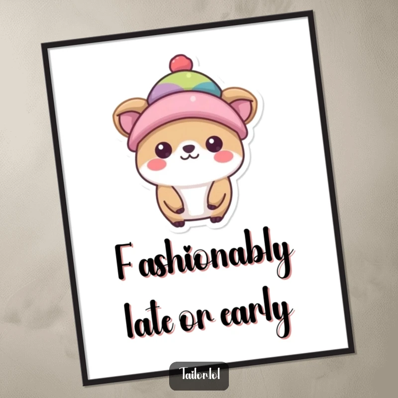 Funny Free Printable wall art of a happy animal modeling a tiny, colorful hat, making a bold and whimsical fashion statement.