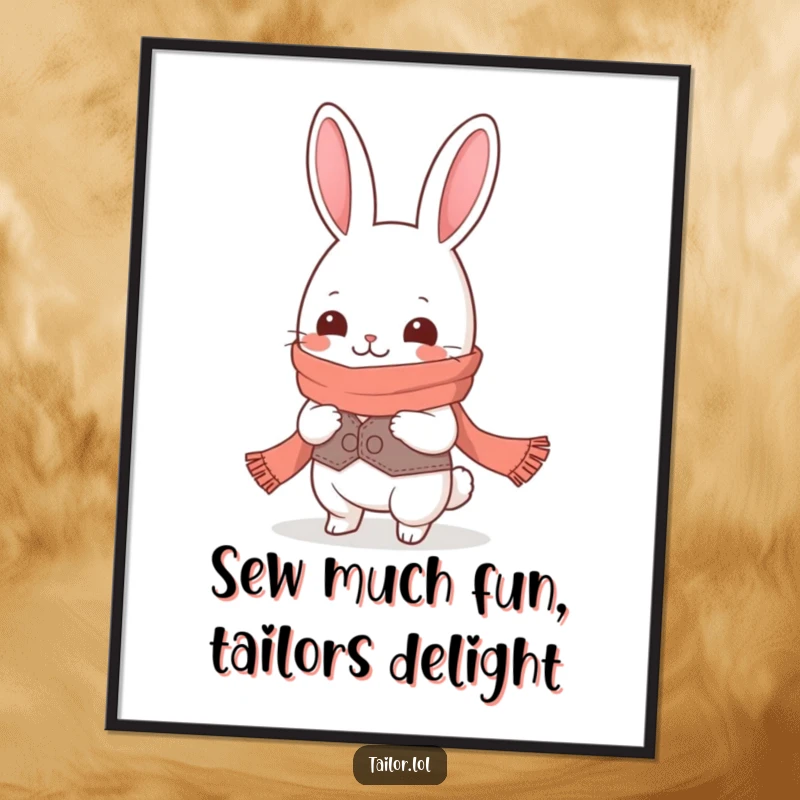 Funny Free Printable Wall Art: Giggling Kawaii rabbit tailor character enthusiastically measuring a hilariously long scarf.