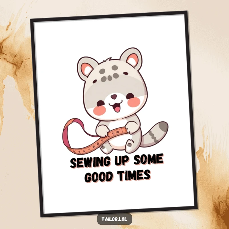 Funny Free Printable wall art of a cute animal enthusiastically measuring fabric with a large tape, a playful nod to precision.