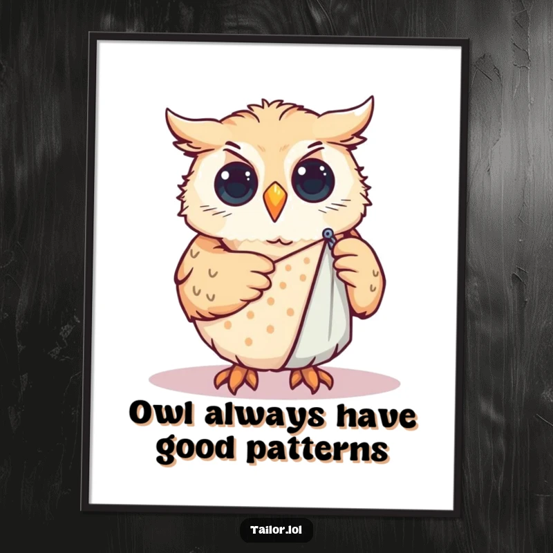 Funny free printable wall art: A curious owl meticulously pinning a pattern onto fabric, adding a touch of humor to your decor.