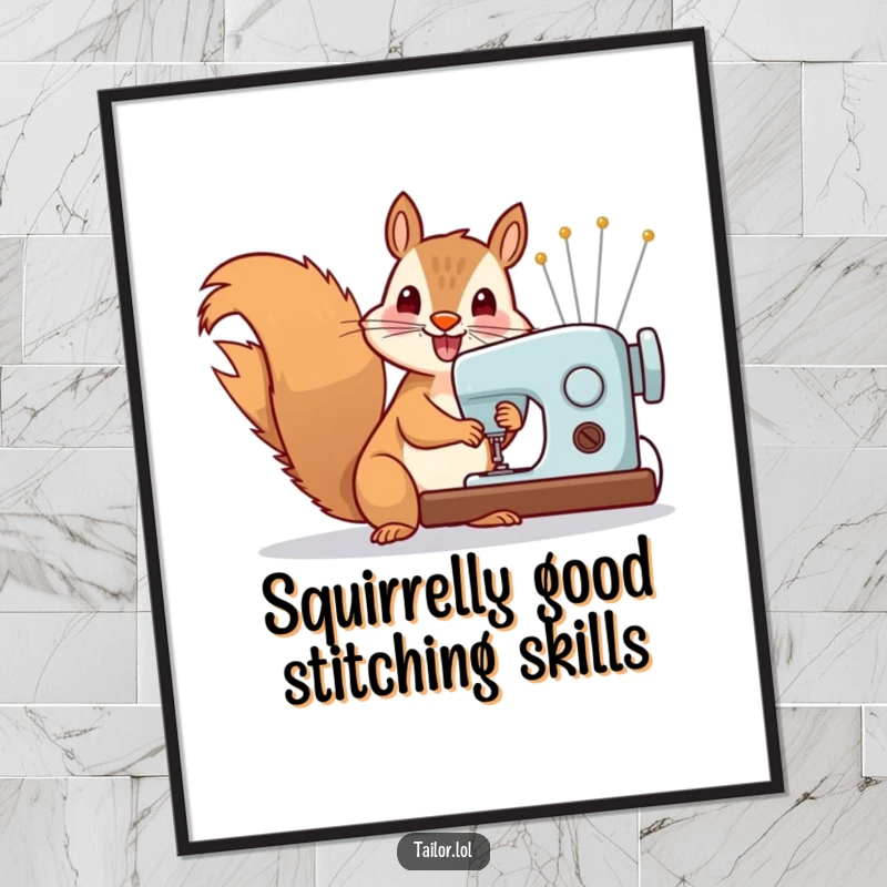 Funny free printable wall art: An energetic squirrel working a sewing machine with giant needles, bringing humor to your space.