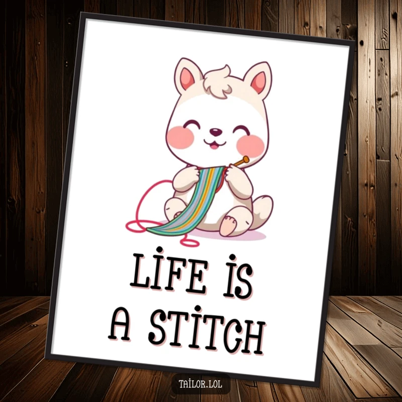 Funny Free Printable Wall Art: Cheerful animal character sewing a long, colorful stitch with a needle, adding artistic flair.