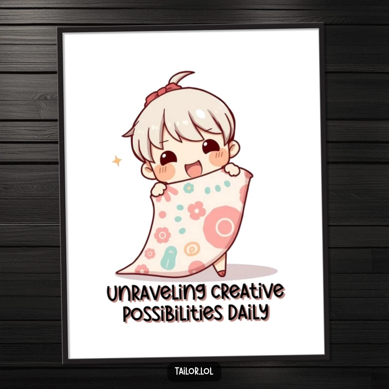 Funny Free Printable Wall Art: A character joyfully unrolls a massive bolt of intricately patterned cloth, inspiring creativity.