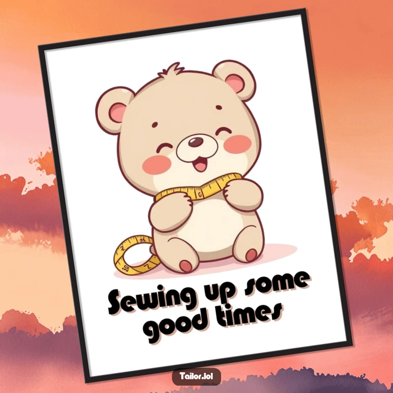 Funny Free Printable Wall Art: Playful bear giggling with a measuring tape, perfect humorous decor for a sewing room.