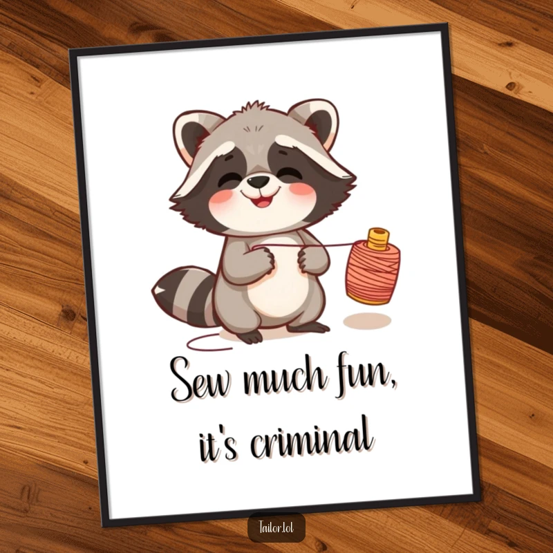 Funny Free Printable Wall Art: A giggling raccoon playfully pulling a spool of thread, creating a chaotic yet charming scene.