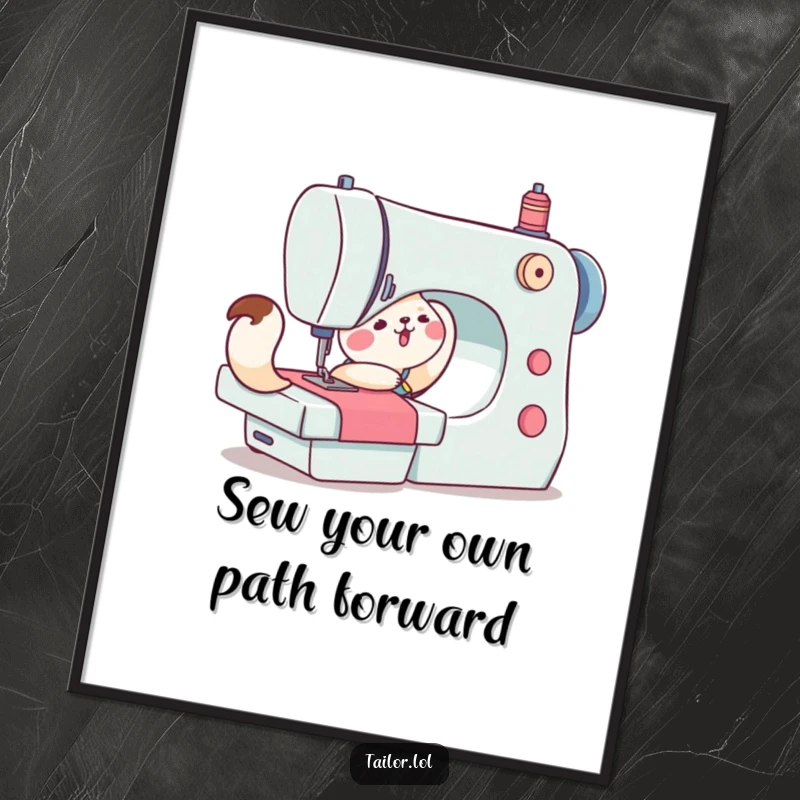 Funny Free Printable Wall Art: A cute animal character struggles to push a large sewing machine, depicting effort and comedy.