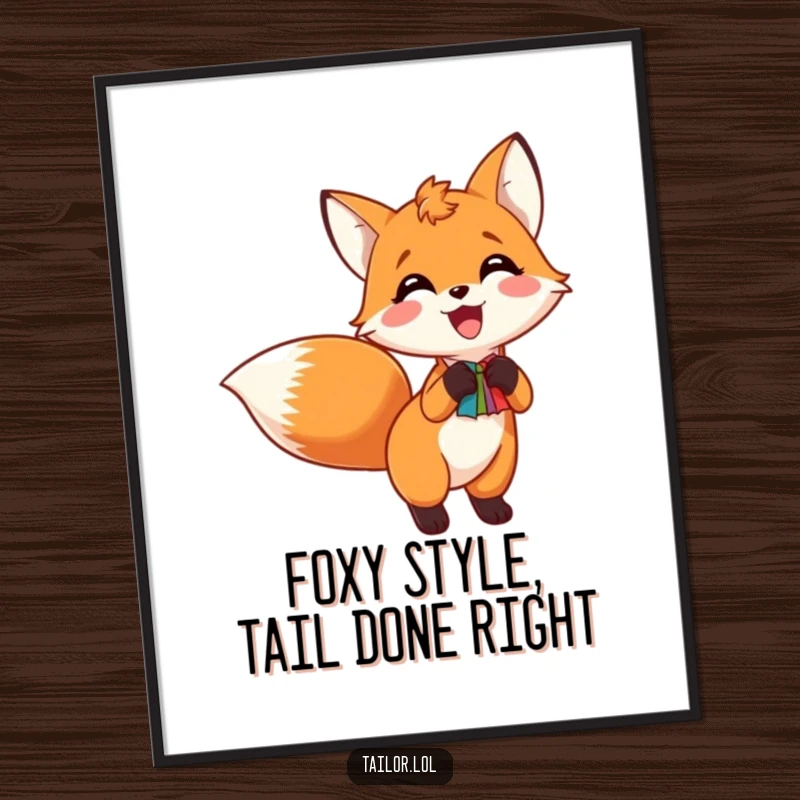 Funny Free Printable Wall Art: Excited fox happily pinning a colorful swatch to its tail, showcasing its unique style.