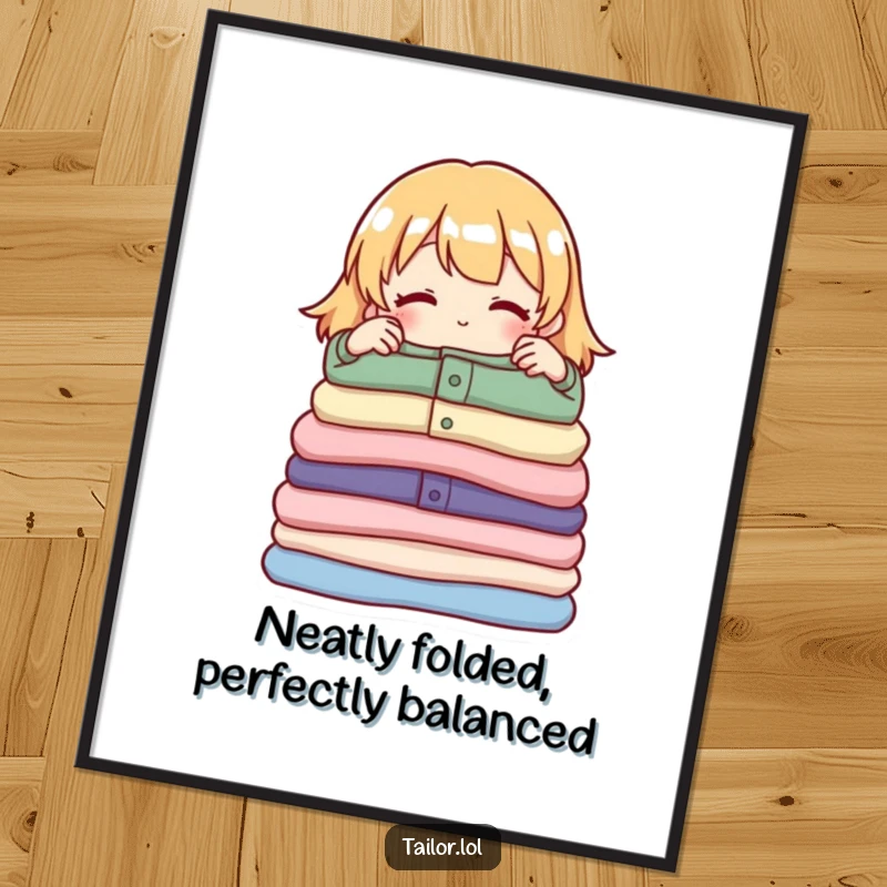 Funny Free Printable Wall Art: A character proudly admires and adjusts a perfectly folded pile of garments, showcasing order.