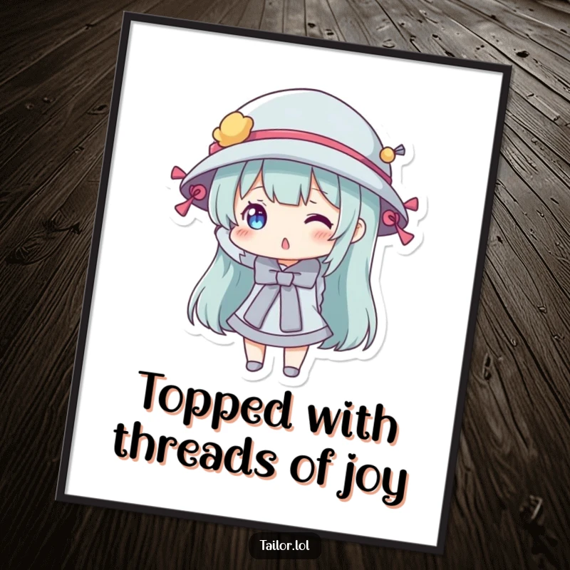 Funny Free Printable Wall Art: A character playfully tries on a hat adorned with colorful sewing bobbins, showcasing quirky style.