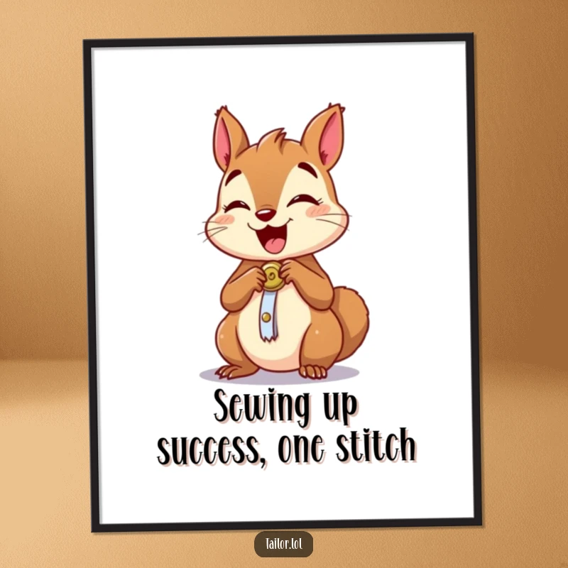 Funny Free Printable Wall Art: Excited squirrel sewing a button onto a tiny garment, whimsical decor for a crafting space.