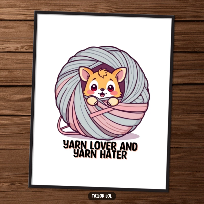 Funny Free Printable wall art of a surprised animal adorably entangled in an enormous, chaotic ball of yarn.