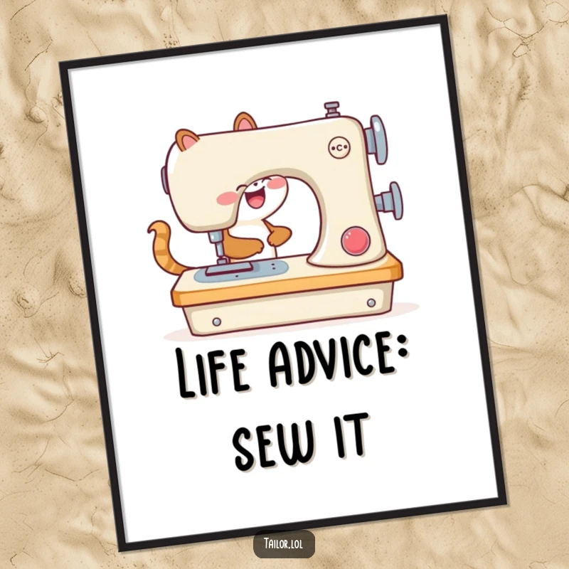 Funny Free Printable Wall Art: Whimsical animal joyfully operating a comically large sewing machine, creating laughter.