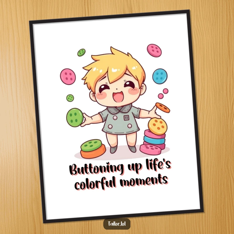 Funny Free Printable Wall Art: Agile character comically juggling colorful buttons, bringing energetic fun.