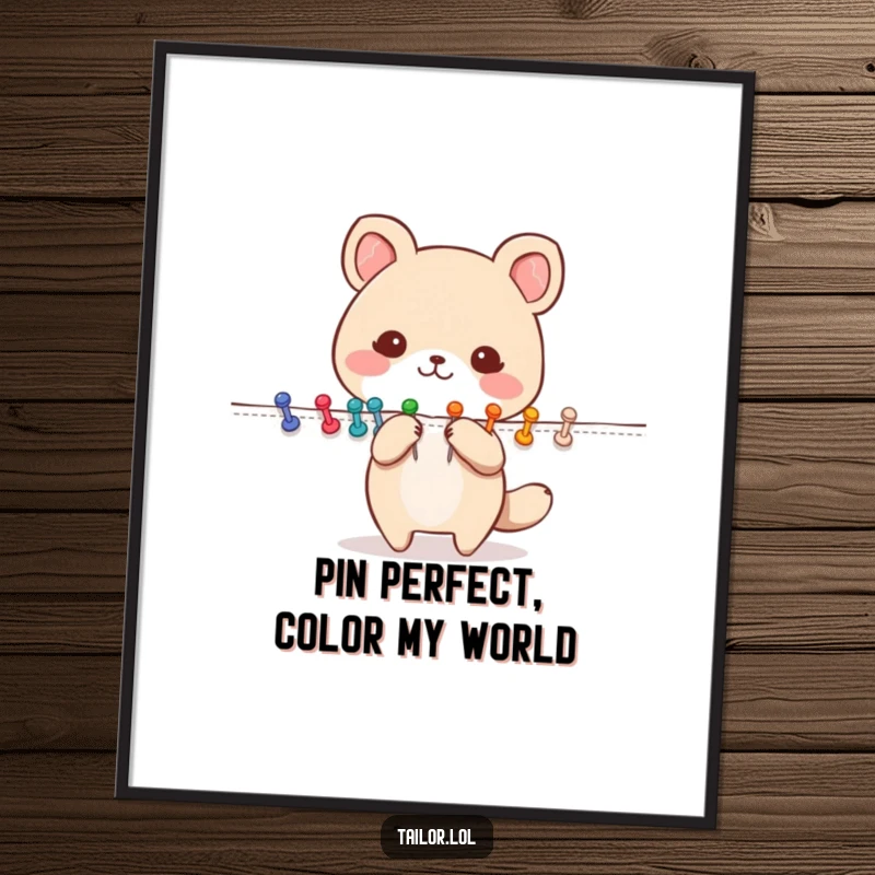 Funny Free Printable Wall Art: Cute animal character happily pinning fabric with colorful pins, a vibrant and humorous art piece.
