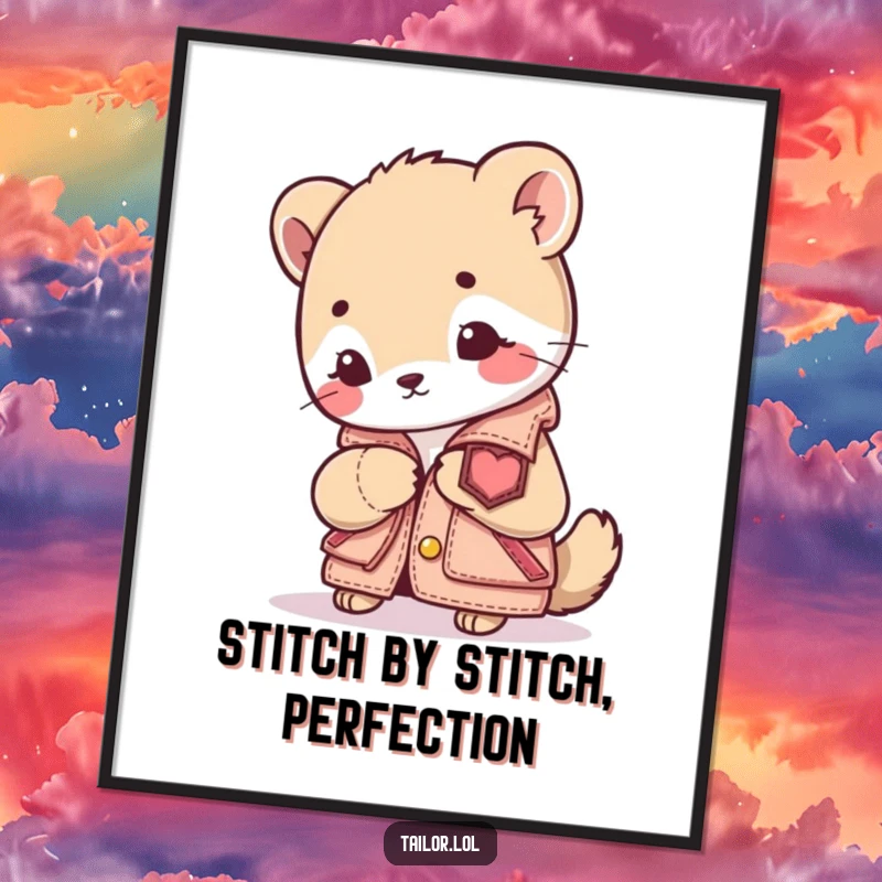 Funny Free Printable Wall Art: Cute animal character intently sewing a patch onto a tiny jacket, a humorous ode to focus.
