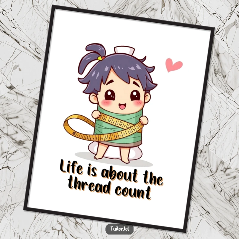 Funny Free Printable Wall Art: Character measuring a giant spool of colorful thread, perfect decor for crafters.