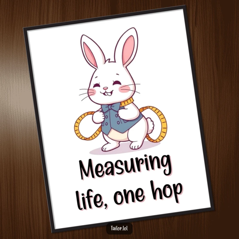 Funny Free Printable Wall Art featuring a joyful rabbit tailor with a measuring tape around its neck, a whimsical piece.