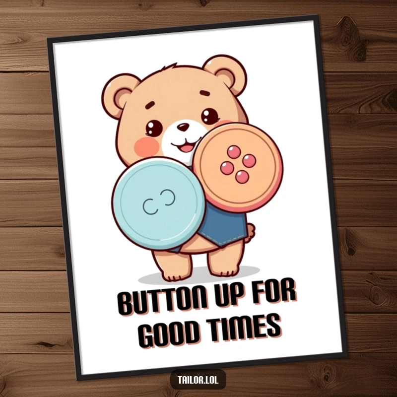 Funny Free Printable Wall Art featuring a happy Kawaii bear tailor character proudly displaying an enormous, brightly colored button.