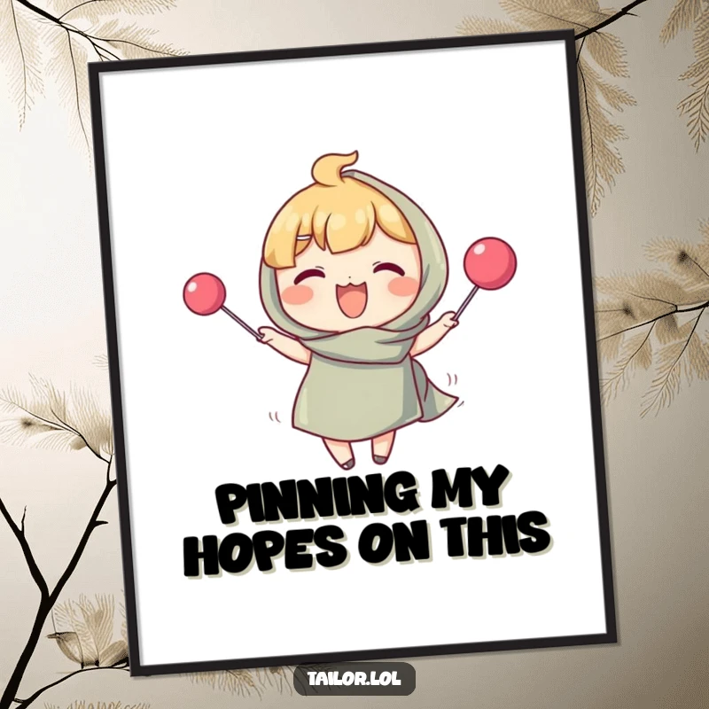 Funny Free Printable Wall Art: Character joyfully pinning fabric with a comically oversized pin, sewing room decor.