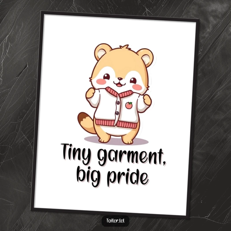 Funny Free Printable Wall Art: Cute animal character proudly displaying a finished tiny garment, a humorous celebration of crafting.