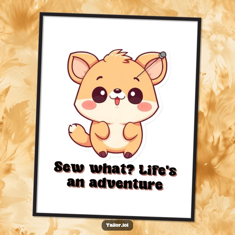 Funny Free Printable Wall Art: Cute animal character looks surprised as a needle pulls thread through air, a sewing sitcom scene.
