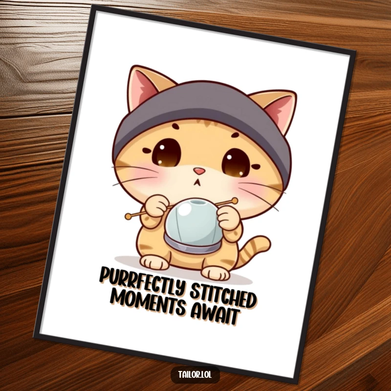 Funny free printable wall art of a wide-eyed cat wearing a thimble, cautiously examining an enormous sewing needle.