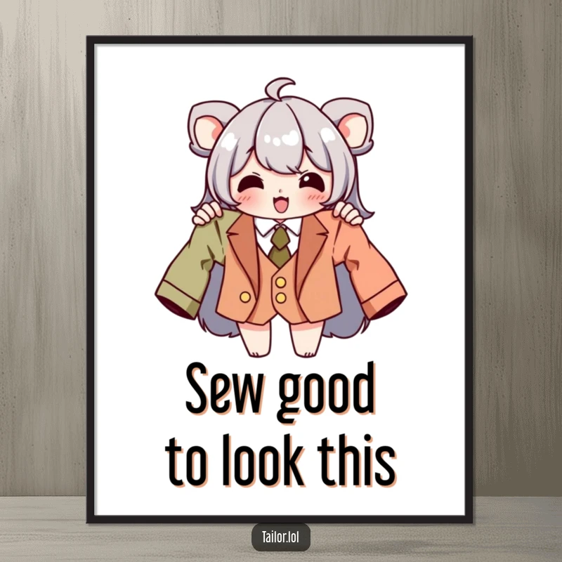Funny free printable wall art of a character beaming with pride over a comically poorly tailored outfit.