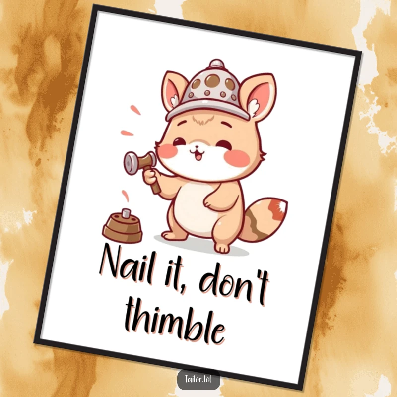 Funny Free Printable Wall Art: Animal wearing a thimble as a hat, enthusiastically hammering with a tool.