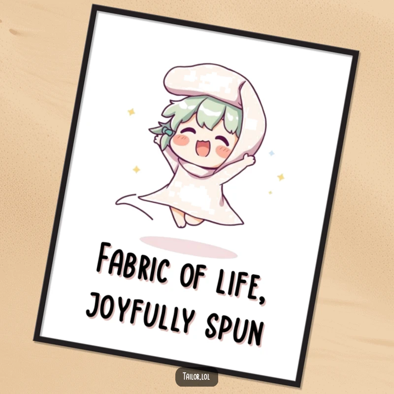 Funny Free Printable Wall Art: Character joyfully bouncing a large roll of fabric, radiating happiness and playful energy.