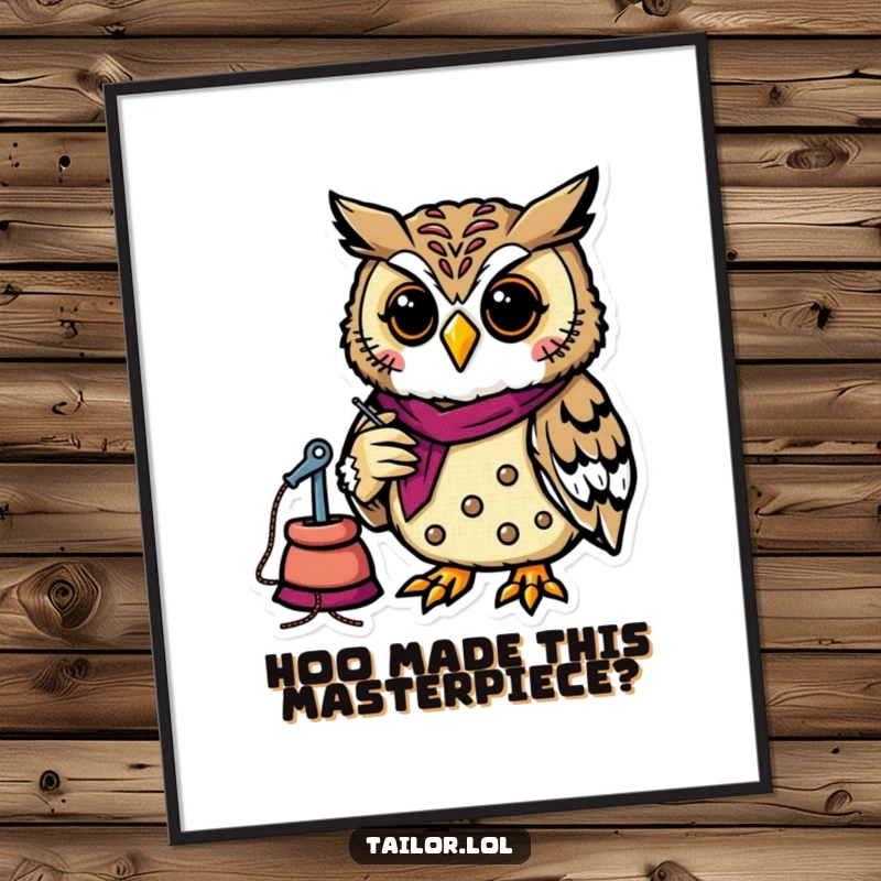 Funny Free Printable Wall Art depicting a cheerful owl tailor diligently stitching a vibrant patch, a piece of creative art.