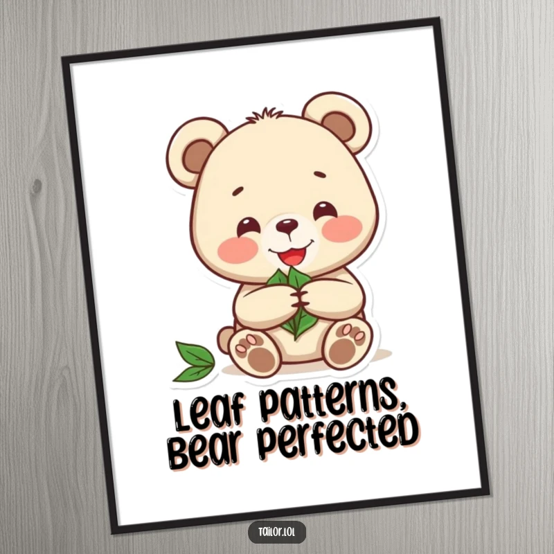 Funny Free Printable Wall Art: Joyful bear meticulously cutting a pattern from a leaf, creating natural art.