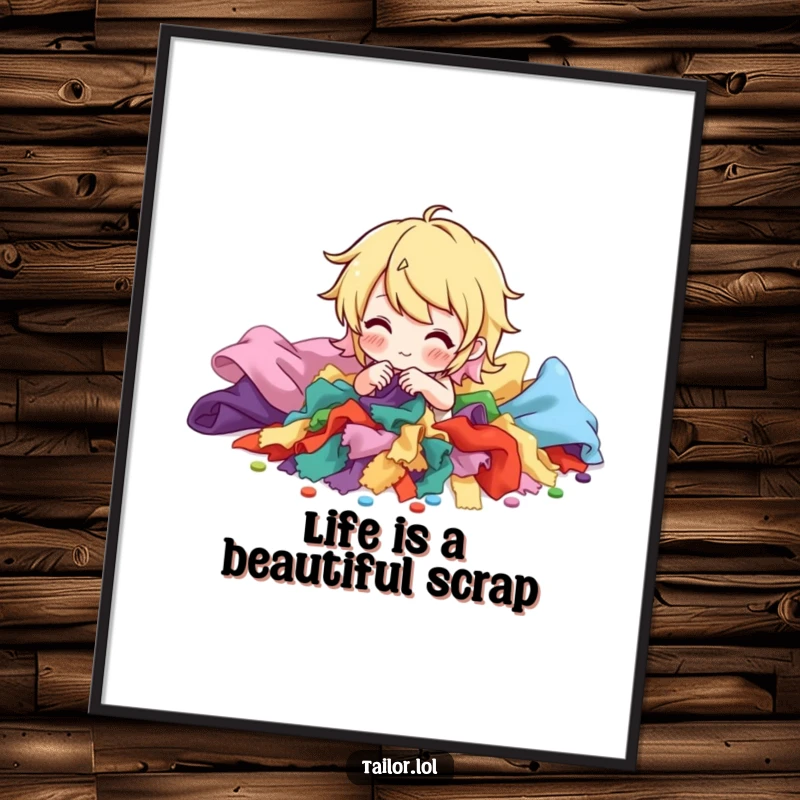 Funny Free Printable Wall Art: Character playfully sorting through a pile of vibrant fabric scraps, craft room decor.