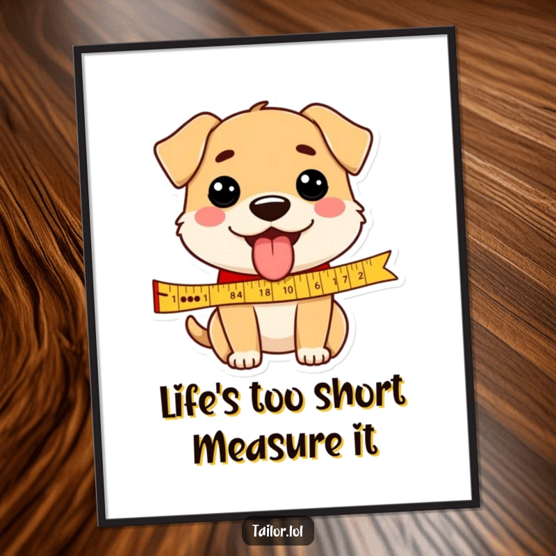 Funny Free Printable Wall Art: A happy dog with its tongue out measuring a ribbon, bringing playful energy to any room.