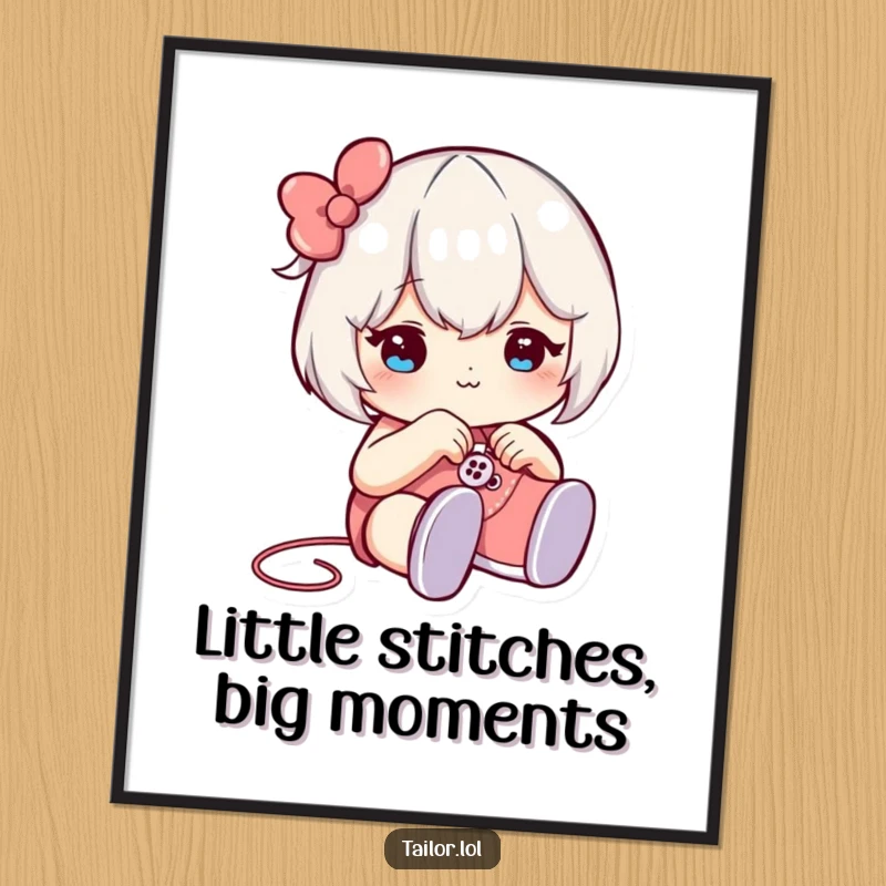 Funny Free Printable Wall Art: Winking character meticulously sewing a button onto a ridiculously tiny shoe, adding charm.