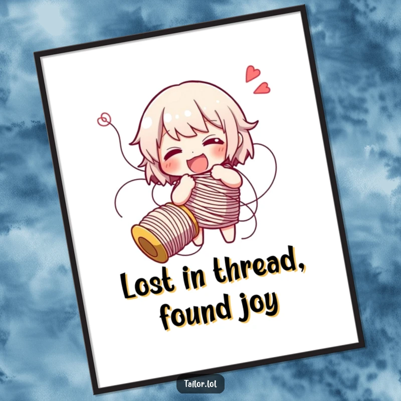 Funny Free Printable Wall Art: Character comically tangled in thread, giggling, adding whimsical charm.