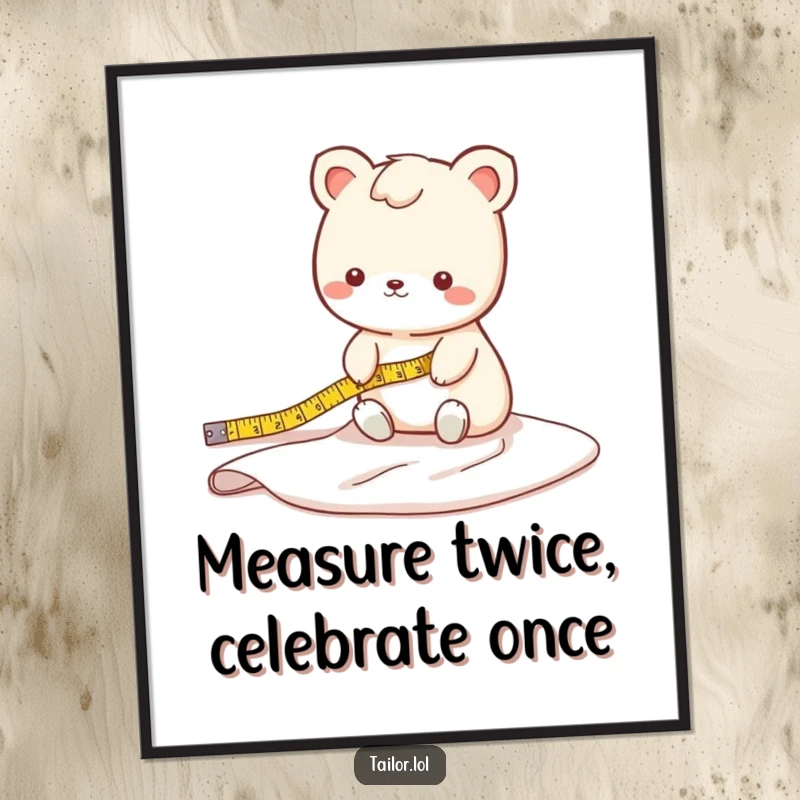 Funny Free Printable Wall Art: Cute animal character meticulously measuring a long bolt of fabric trailing across the floor.