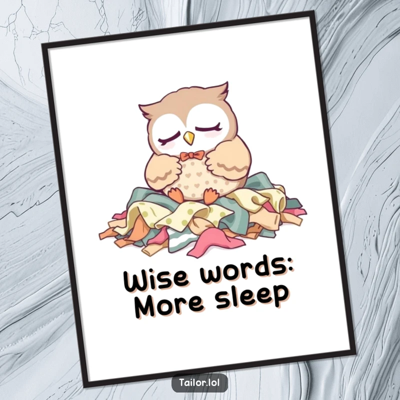 Funny Free Printable Wall Art: Sleepy Kawaii owl tailor character peacefully dozes on a soft pile of fabric scraps, exuding calm.