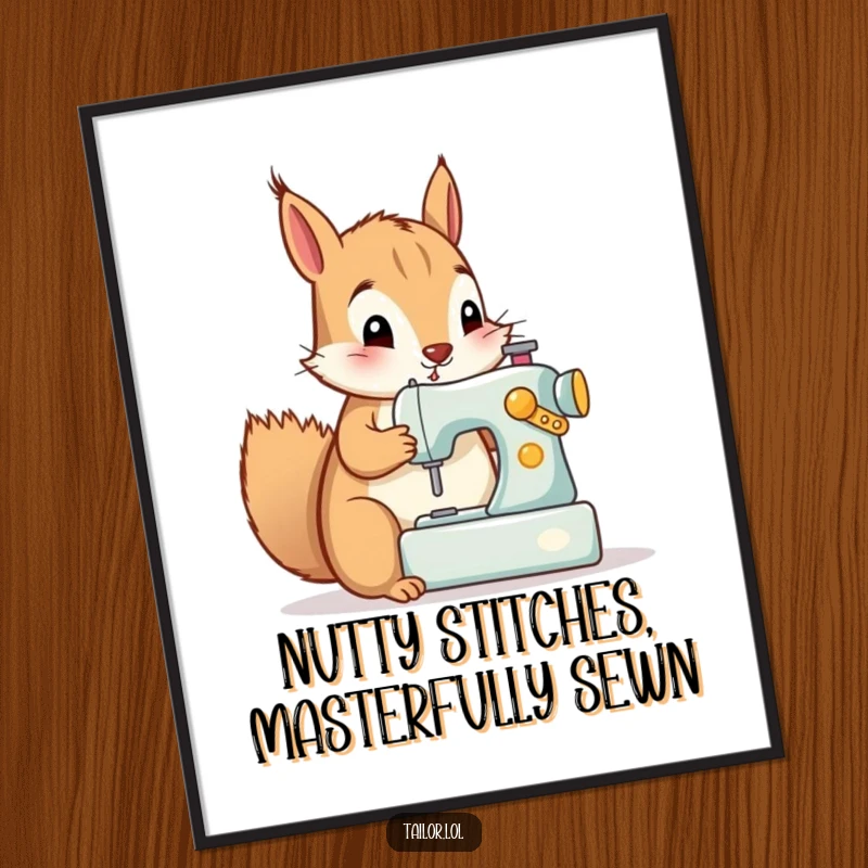Funny Free Printable Wall Art: Curious squirrel enthusiastically operating a tiny sewing machine, creating custom decor.