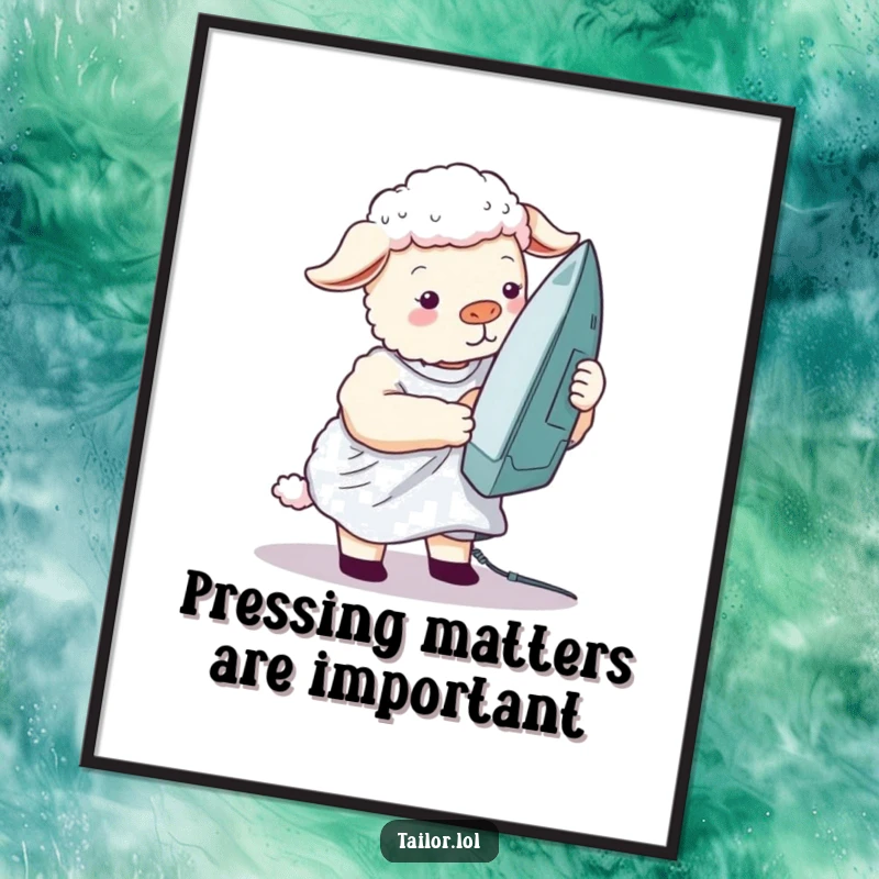 Funny Free Printable Wall Art: A silly sheep attempting to iron a wrinkled shirt with a comically large iron, adding humor to any space.